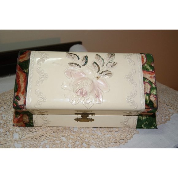 Antique Victorian Velvet & Celluloid Dresser Box Embossed Pink Rose Cottagecore - Picture 2 of 9